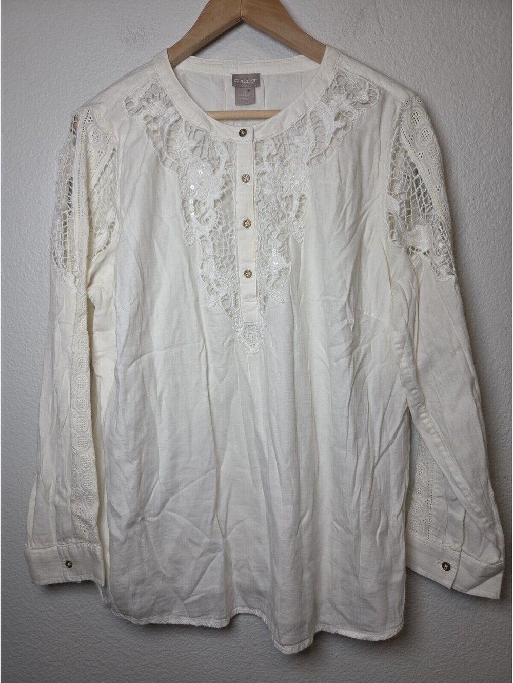 CHICO'S Shirt Womens 1X Off White Linen Band Collar Cottage Lagenlook Coastal